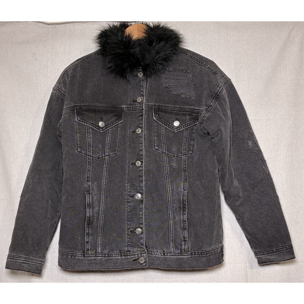 American Eagle Outfitters Faux Fur Destroyed Denim Boyfriend Jacket Women's S